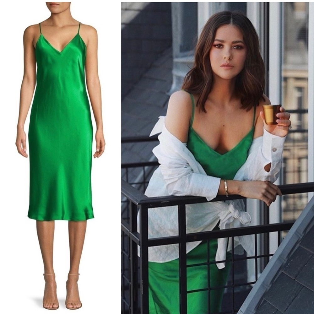 L’AGENCE 90s Silk Spring Green Satin V-Neck Sleeveless Y2K Midi Slip Dress 2